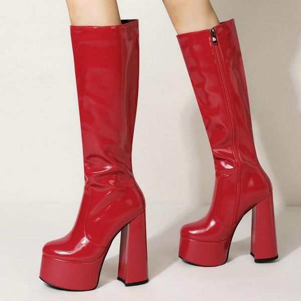 

boots patent pu leather women knee high platform super square heel motorcycle zipper round toe woman's, Black
