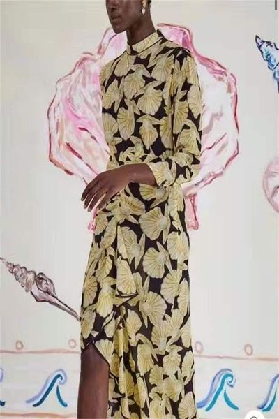 

casual dresses autumn 21 style yellow and blue shell ocean series printed commuter silk long dress, Black;gray