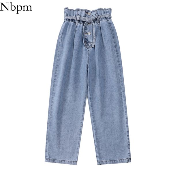 Moda NBPM com Botão de Correia Baggy Jeans Mulher Cintura Alta Streetwear Meninas Largo Perna Calças Calças Mujer Mom Denim 210708