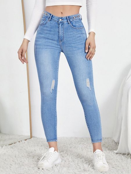 

ripped skinny cropped jeans k952#, Blue