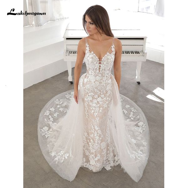 

2021 new modern detachable mermaid/trumpet wedding es sleeveless/backless sweetheart court train lace tulle with appliques gelinlik zijy, White