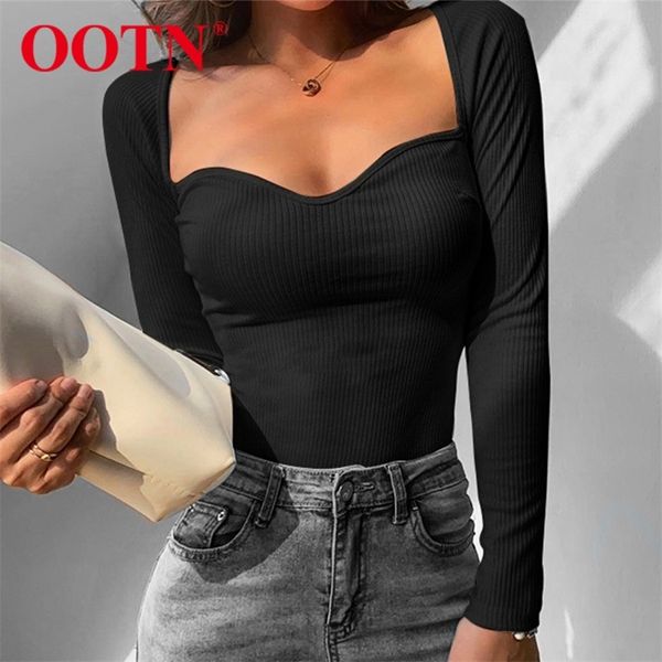 

ootn black women t-shirt square neck casual t shirt slim long sleeve knitted t-shirt tee white female shirt autumn 210306