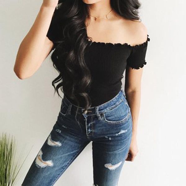 

women's t-shirt summer casual t-shirts female short tee clothes fashion chic off shoulder crop ruffle sexy, White