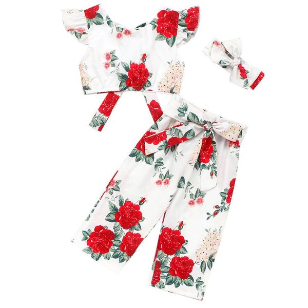 

clothing sets kids toddler baby girl off shoulder backless floral bandage crop bow pants hairband outfit summer cute cloth, White