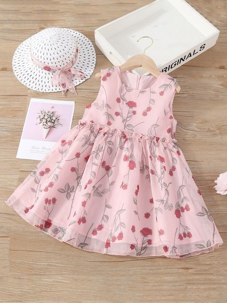 

toddler girls floral print frilled dress with hat she, Red;yellow