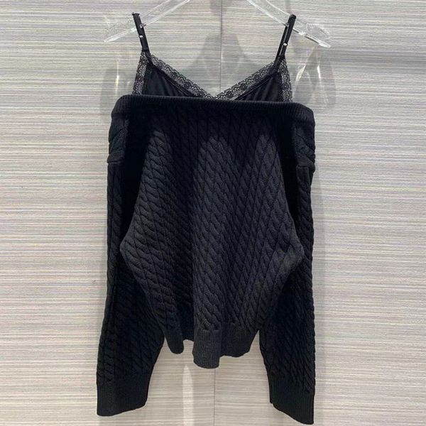 

new fake two pieces women black sweater sling lace stitching off-shoulder v-neck twist jumper 2021 spring ih7l, White;black