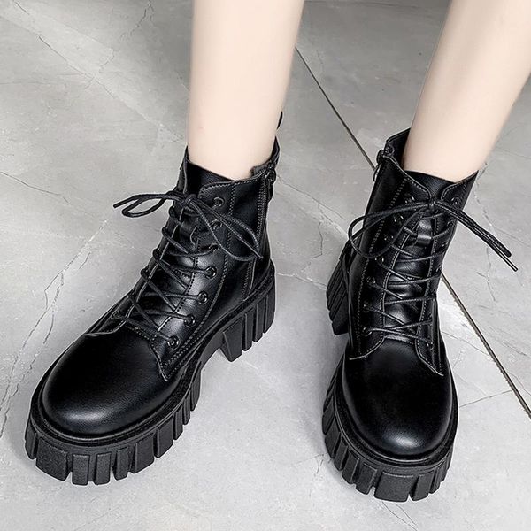 

boots rimocy white pu leather chunky platform women casual lace up thick heel ankle woman side zipper motorcycle shoes, Black