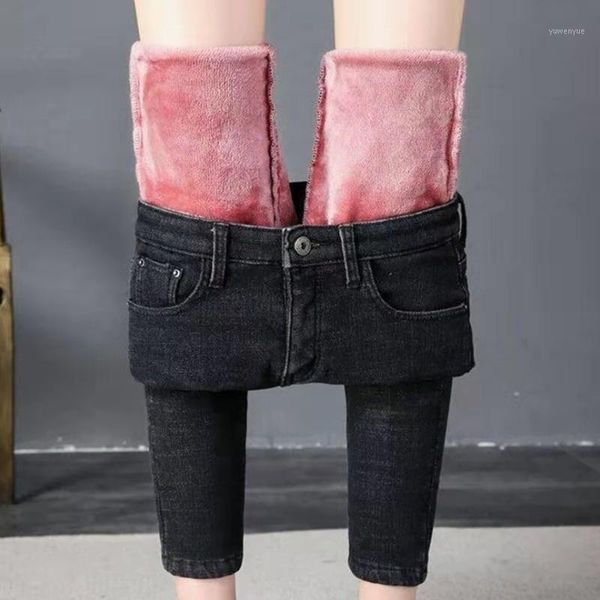 Jeans das Mulheres 2021 Mulheres Calças Inverno Quente Denim Calças Skinny Slim Fit Veludo Veludo Alinhado Lápis Pant