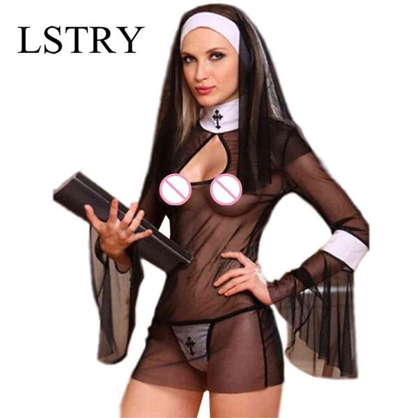 

2021 new costume women cosplay nuns uniform transparent lingerie exotic nun halloween costumes dress outfit clothing, Red;black