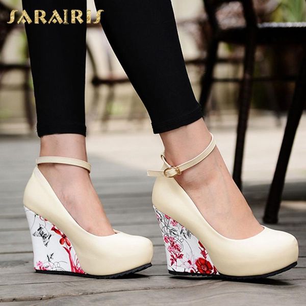 

dress shoes sarairis 2021 big size 43 platform party wedge height increased ankle-strap flowers printed women pumps female, Black