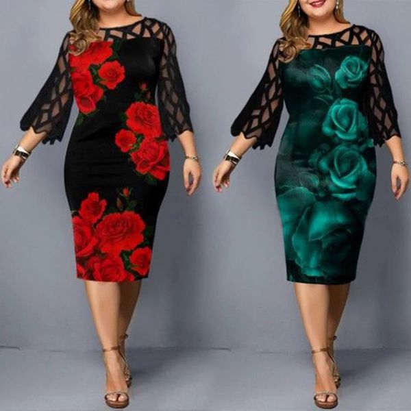 

plus size formal dress elegant digital print lace women's 3/4 sleeve round neck dresses 2021 casual party skirts