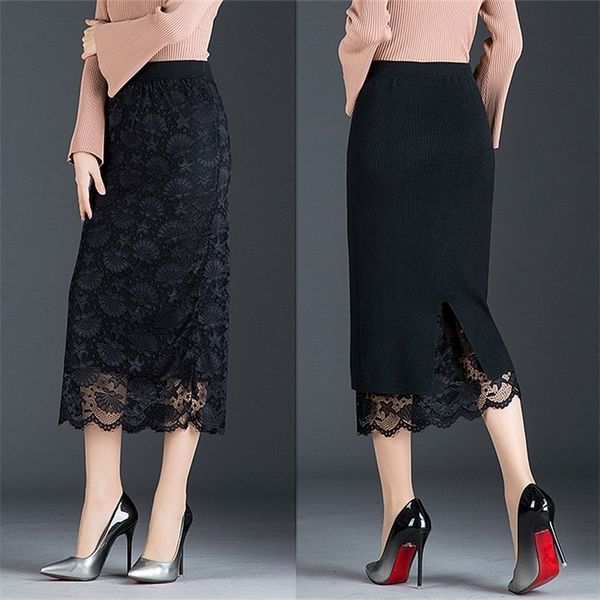 

autumn and long section jupe femme two sides wearing lace midi split bag hip wool winter skirt 210310, Black