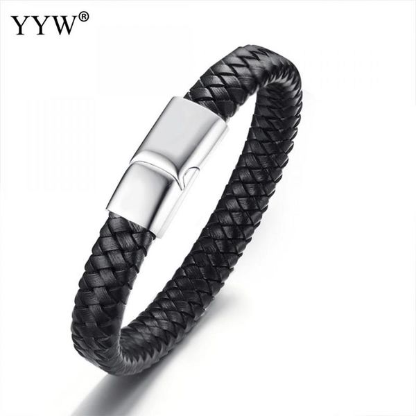 

link, chain punk men jewelry black/brown braided leather bracelet stainless steel magnetic clasp fashion bangles