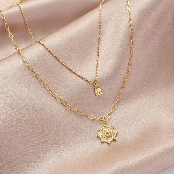 

pendant necklaces double layer clavicle chain necklace for women vintage punk gold roulette amulet lock pendants jewelry collar 2021, Silver