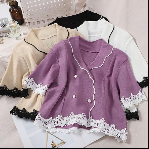 

women patched lace knitted short sweaters cardigans lady summer double breasted buttons thin sweet cardigan female drop shipping, White;black