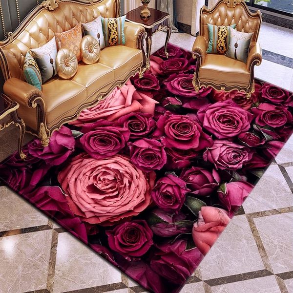 3D Rose Flor Tapete Tapete Multicolor Rosa Vermelho Área de Casamento Tapetes Anti-Slip Sala de Estar Tapetes Grandes Meninas Mat Mat Home 210317