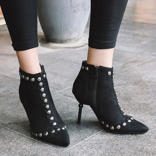 

boots 2021 british pointed high heel large 44 45 46 color matching zipper rivet woman shoes heels sexy, Black