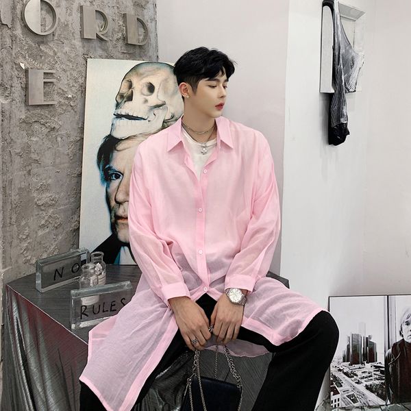 

2021 new fashion brand men long sleeve casual pink translucent sunscreen cardigan coat male streetwear hip hop shirt 4hxd, White