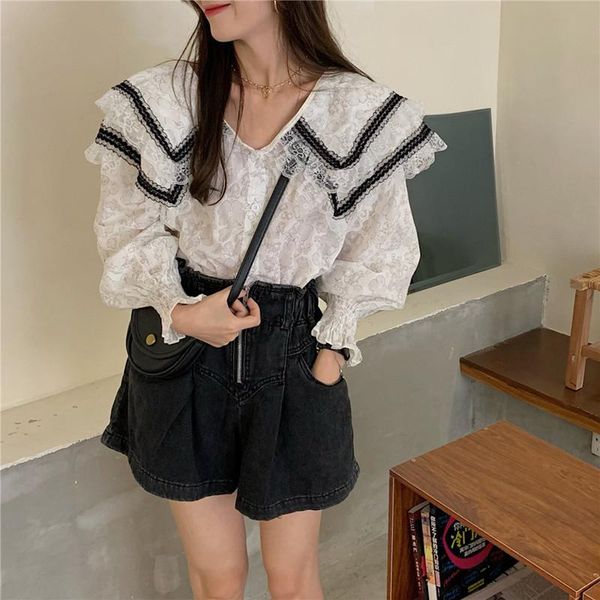 

women's blouses & shirts korean style sweet long sleeve blouse women fashion lace patch shirt loose autumn 2021(n0207), White