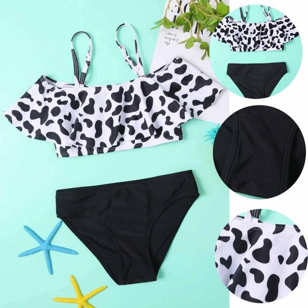 

one-pieces girl swimsuit kids tropical cow print teenage bikini set halter girls bathing suits children swimwear two pice #g4, Black