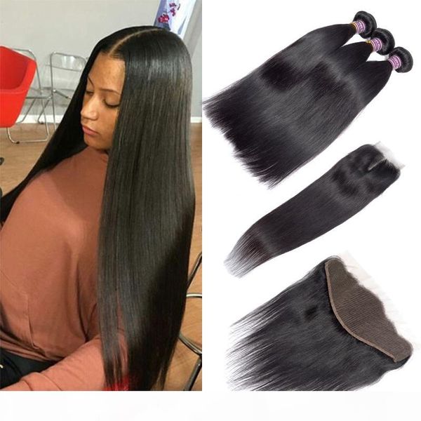 

grade 8a virgin indian straight human hair bundles with frontal 100% brazilian human hair weaves extensions 3 bundles with 4x4 lace closure, Black;brown