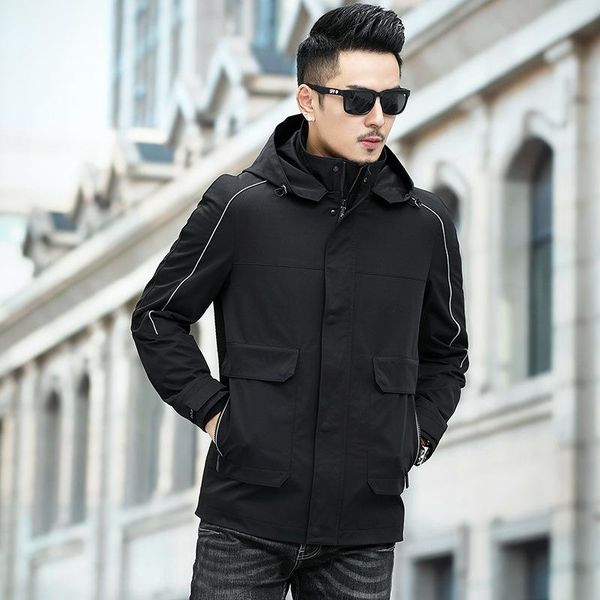 

men's jackets tide jacket hooded thin fashion windbreaker casual thick detachable hat bomber sports slim fit coats plus size, Black;brown