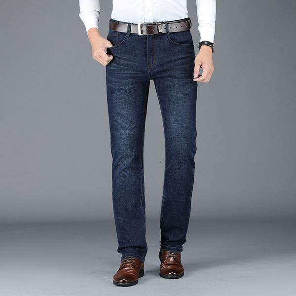 

autumn winter loose soft thick straight smart casual men business mid denim pants mens jeans l5hl, Blue