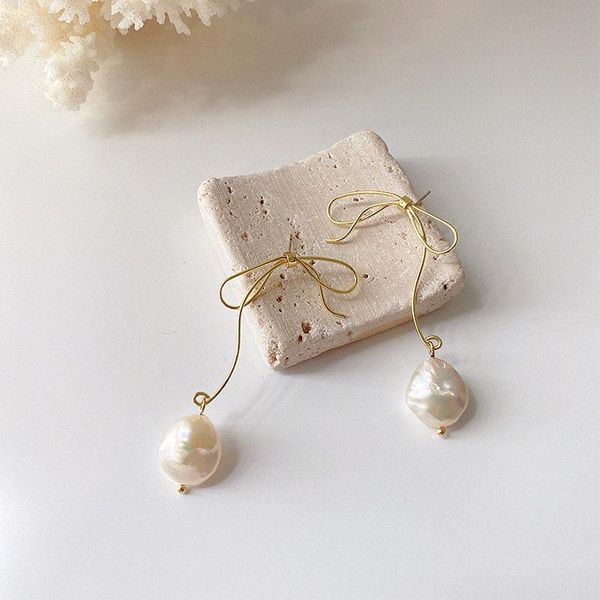

dangle & chandelier large pendant baroque freshwater pearl earrings metal gold bow unique exaggerated for women hypoallergenic jewelery, Silver