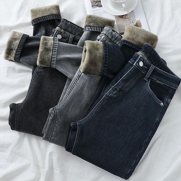 

women's jeans 2022 autumn pants korean version of super high waist plus cashmere thin winter cotton thicker y2k women, Blue