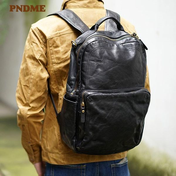 

pndme casual fashion luxury natural genuine leather large-capacity black backpack real cowhide outdoor travel men lapbagpack
