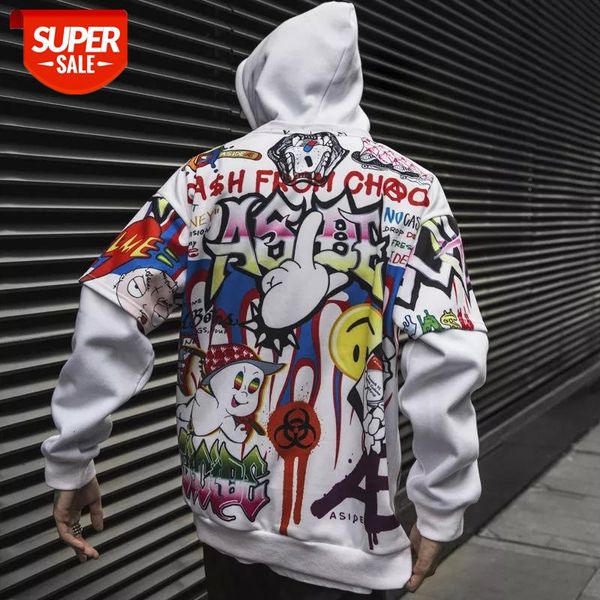 

seveyfan 2021 men's hip hop sweatshirts fake two pieces graffiti hoodies oversize cotton pullover for couples #bj6k, Black