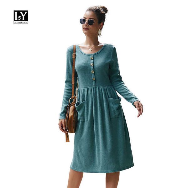 

ly varey lin autumn winter women knitted dress casual long sleeve o neck pockets single breasted solid slim dresses 210526, Black;gray