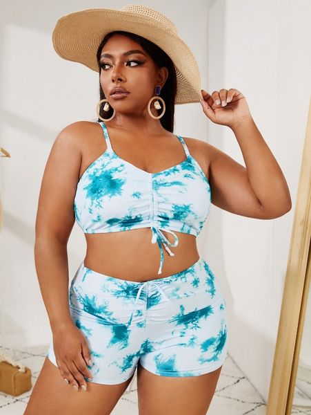 

plus tie dye drawstring bikini swimsuit k3q9#, Black