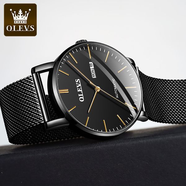

olevs brand men automatic watch leather band business people mechanical waterproof retro 2021 new clock5882, Slivery;brown
