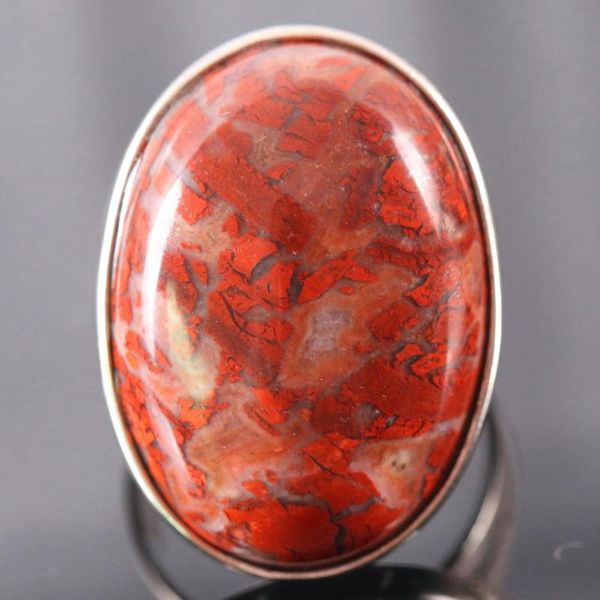 

cluster rings 1pcs silver color women men wedding ring jewelry gift natural stone oval beads red breciated jaspe adjustable finger z118, Golden;silver