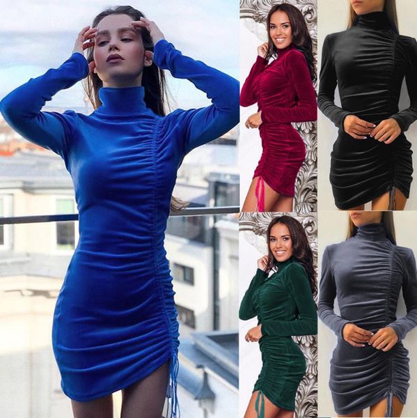 

casual dresses women turtleneck long sleeve bodycon dress 2021 autumn winter elegant velvet drawstring ruched skinny bandage party club, Black;gray