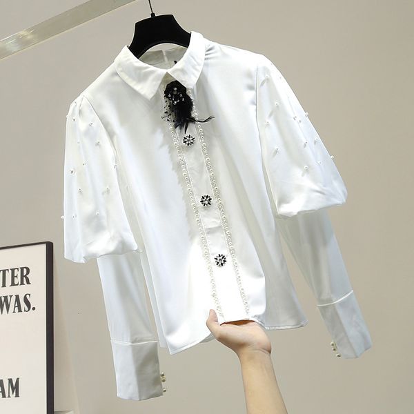 

female black blouse artisanal pearl frizzy cool fashion long sleeves chiffon elegant shirt drop office lady 59nv