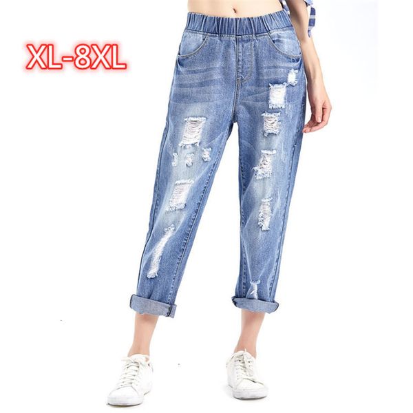 

2021 new 8xl summer ripped boyfriend jeans women fashion high waist stretch denim harem pants plus size pantalones mujer vaqueros y405 6t6a, Blue