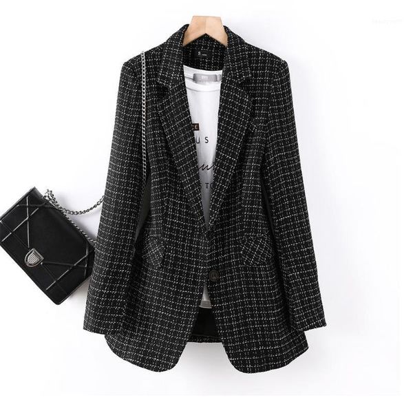 

fashion women girl single breasted blazer coat 2021 ladies female spring fall autumn casual apricot black plaid jackets women's suits, White;black