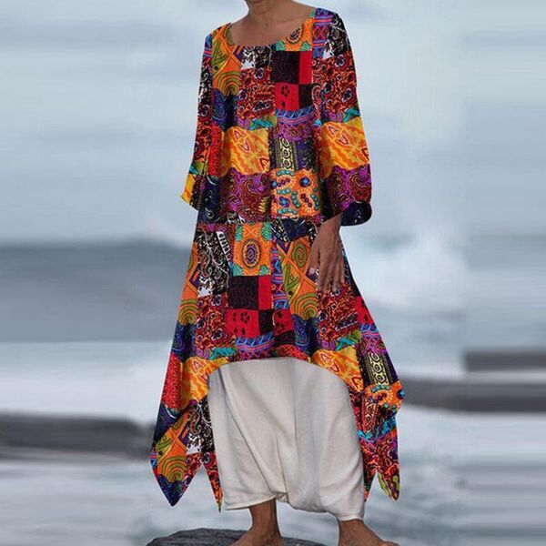 

casual dresses vintage women's bohemian printed long sleeve beach maxi dress sleeveless irregular hem lacing split vestidos robe, Black;gray