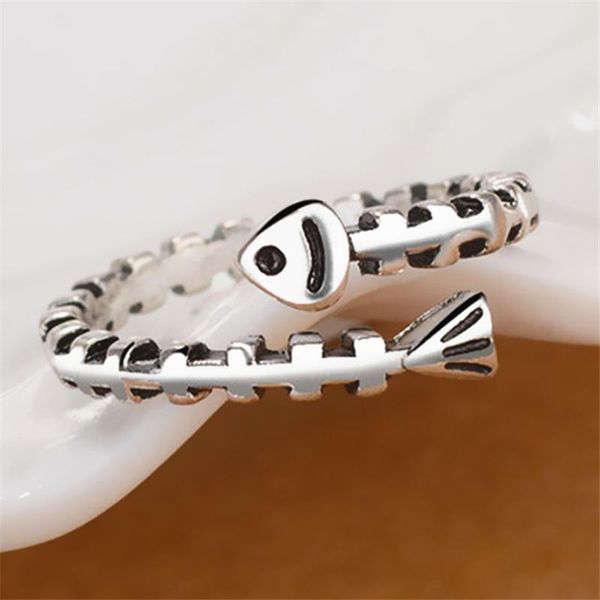 

cluster rings cute animal fish bone vintage silver finger for women ladies 925 sterling simple cocktail open, Golden;silver