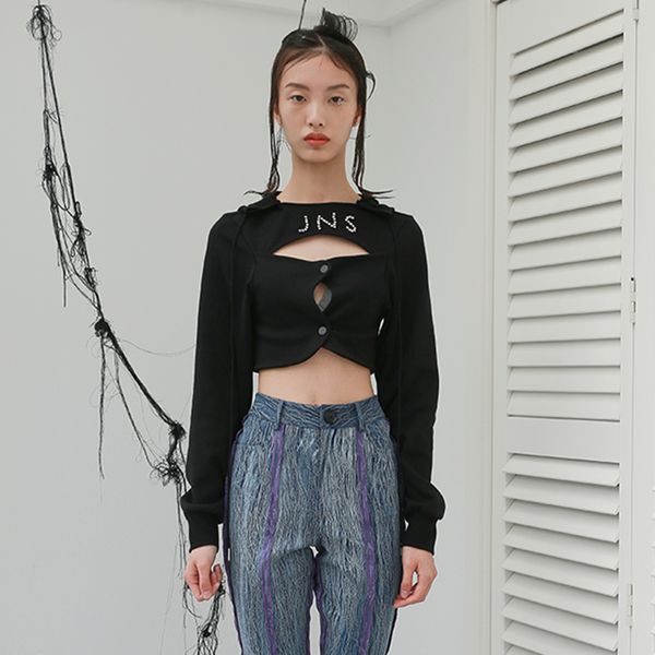 

hollow out casual sweatshirt hooded collar long sleeve short female fashion new clothing 2021 autumn stylish, Black