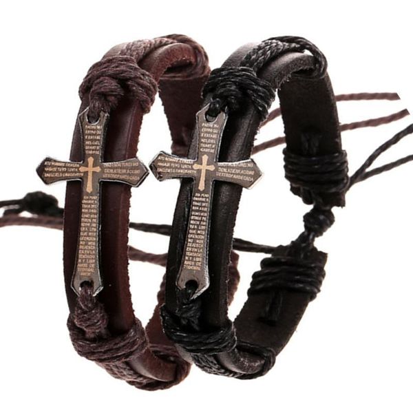 

4 styles cross bible believe charm braided bracelet urban jewelry handmade black genuine leather adjustable wristband retro, Golden;silver