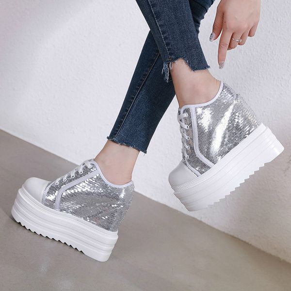 

autumn white hidden wedge heels casual shoes woman bling platform shoes elevator 14cm high-heels walking sneakers women aa-482