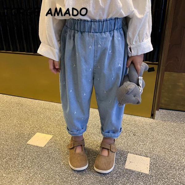 

2021 new korean style spring girls jeans embroidery elastic waist wide leg denim pants kids clothes e251, Blue
