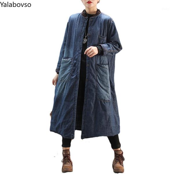

vintage casual denim windbreaker thick coat women's loose large size cotton clothing long coat winter jacket women z31, Black