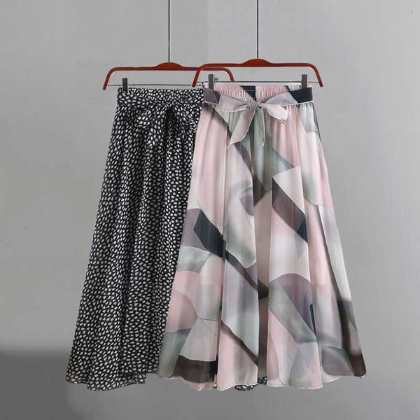 

summer women chiffon vintage elegant bohemia midi skirt with belt 2021 high waist pleated skirts womens lady print skirts femal cx200703, Black