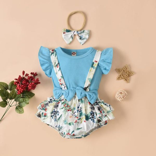 

clothing sets 2021 born baby girls boys 3pcs clothes ribbed ruffle romper +floral suspender elastic shorts+headbands 3pc outfits, White
