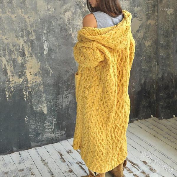 

women's wool & blends women long knitted sweater autumn winter sleeve solid hooded cardigans female plus size pocket warm outwear s-5xl, Black