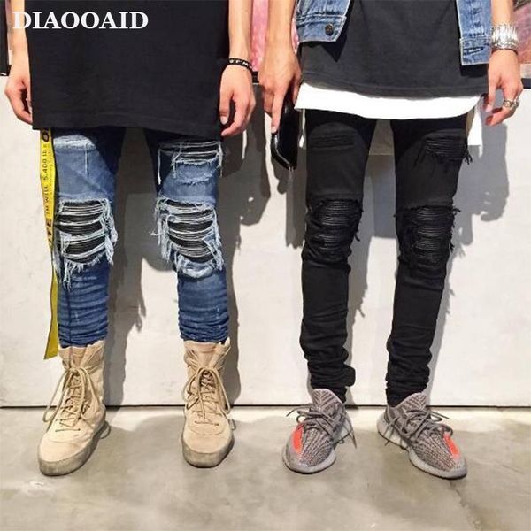 

high-quality men fashion distressed ripped skinny slim fit motorcycle moto biker jeans elastic denim hip hop pants men's, Blue